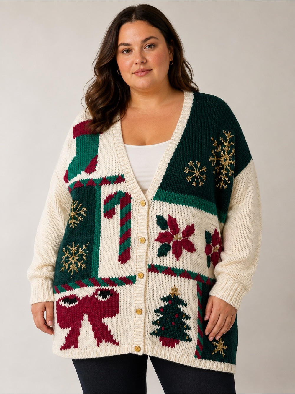 Vintage Maggie Lawrence Christmas Cardigan 22/24W NWT Hand Knit Plus Size Holida